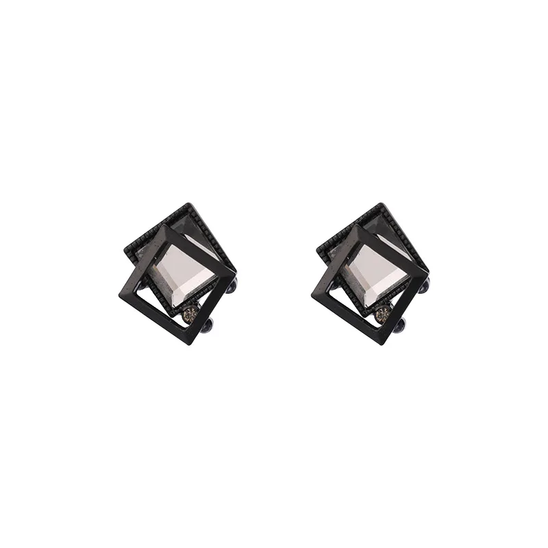 S92 Needle Chilly Hollow Rhombus Square Geometric Earrings Temperament Korean Resin Black Stone Stud Earrings for Women Party