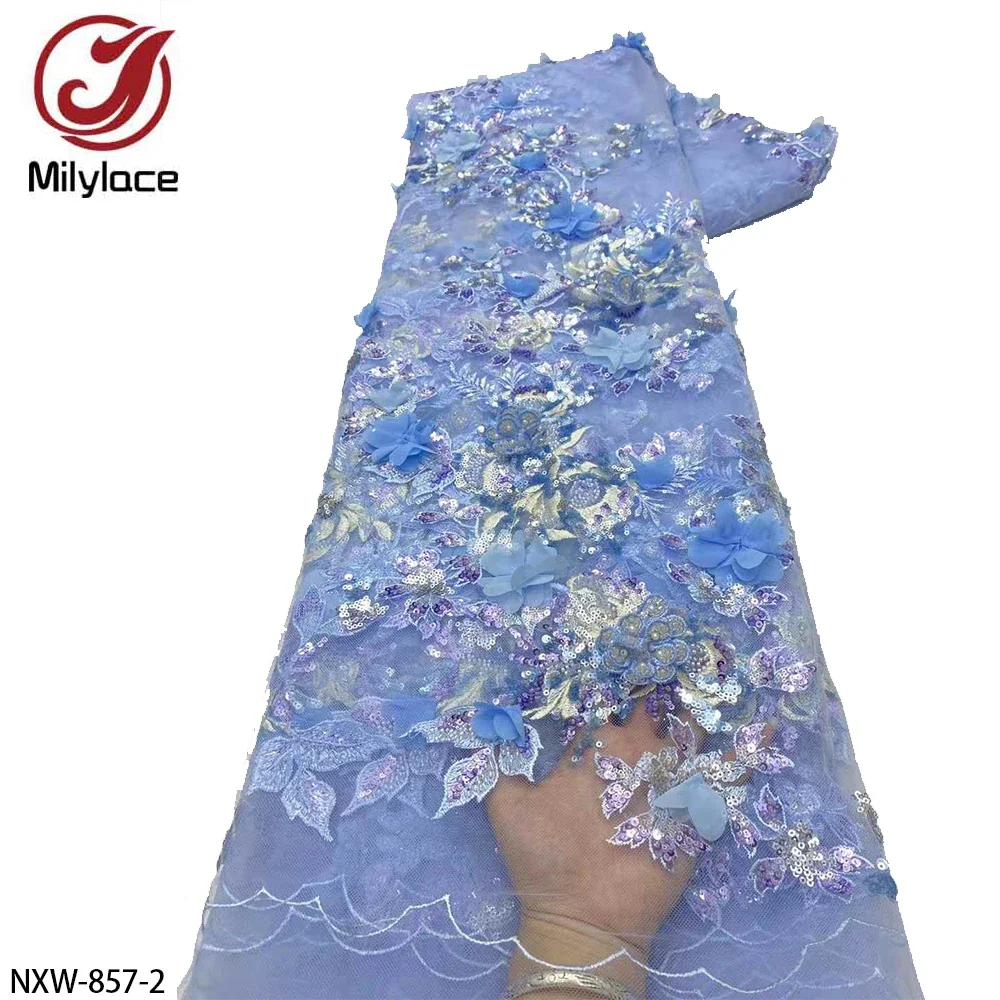 African 3D Flower Beads Lace Fabric High Quality French Embroidery Tulle Fabric for Wedding Dress 5 Yards  NXW-857