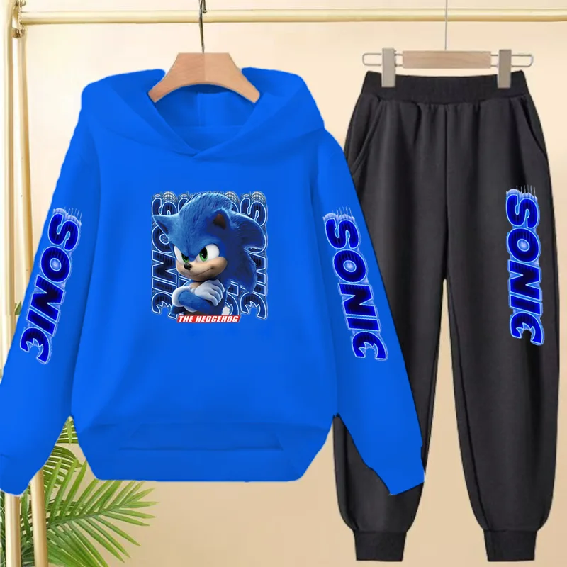 

Blue Cute Kitten Print, Winter Warm Sweatshirt Set, Casual Sporty Hooded Top Long Pants Suitable for Boys and Girls Aged 3 to 12