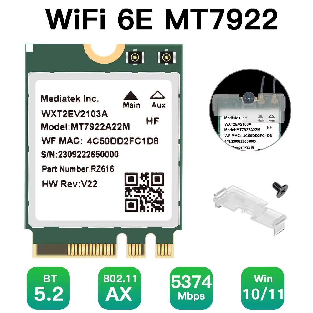 

WiFi 6E MT7922 M.2 Wireless Card 5374Mbps Bluetooth 5.2 Network Adapter 802.11ax 2.4G/5G/6GHz MediaTek MT7922 MU-MIMO Win 10 11