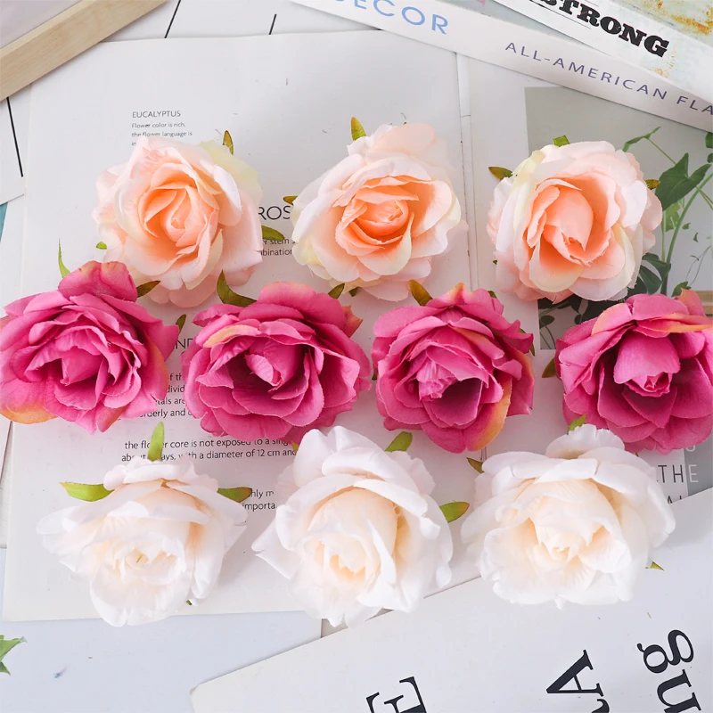 5 Pieces Artificial Rose Flowers Head Silk Wall Home Wedding For Decoration Table Bridal DIY Faux Floral Accessories Gift Box