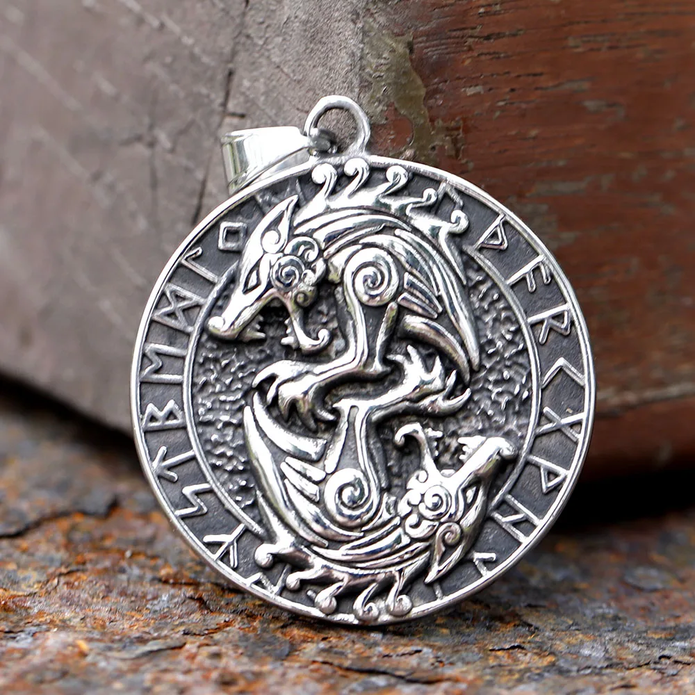 2024 New Style Stainless Steel Viking Double Wolf Pendant Viking Runes Amulet The Helm Of Awe Jewelry For Men GIFT