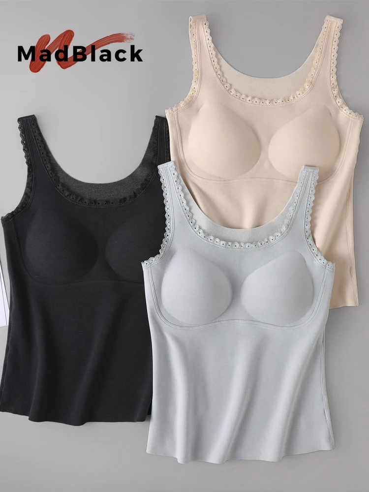 MadBlack-Silk Blended Elegant Knit Vest, With Padded Cups, Women Lace Traceless Casual Slim Tank Tops, 2026 Autumn New T6O316CC