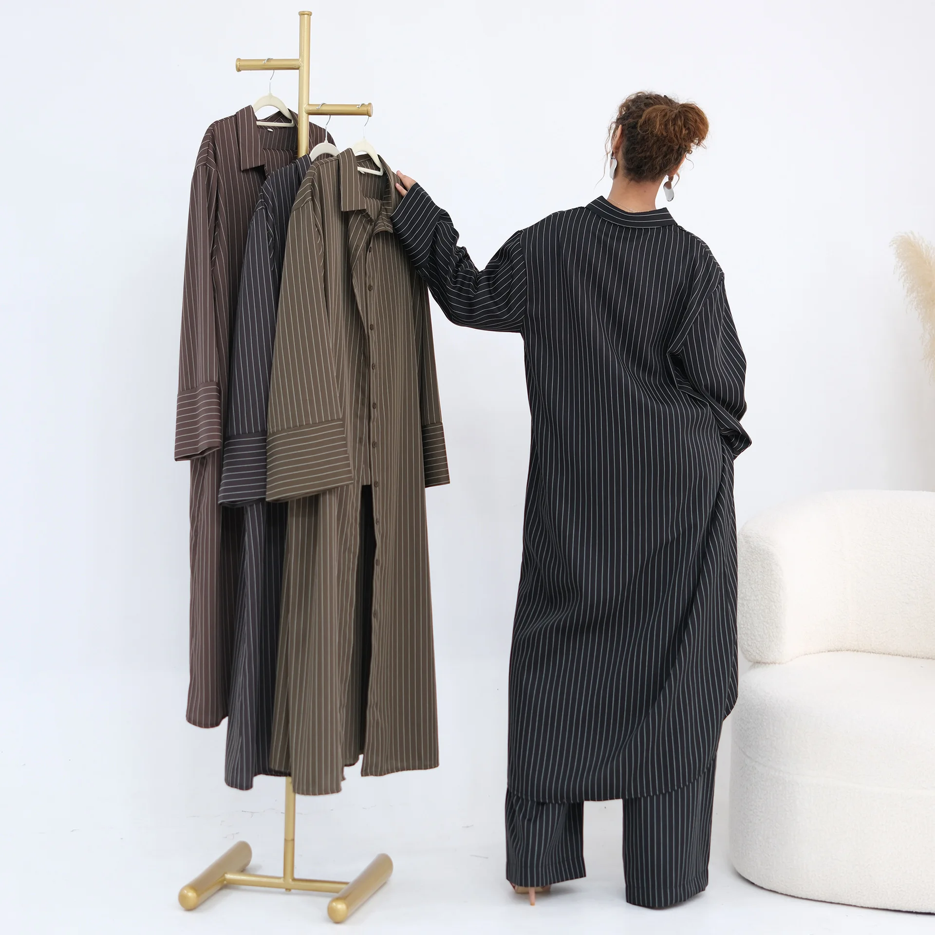 

2Pcs Striped Long Shirt Dress Wide Leg Pants Suit Muslim Sets Women Dubai Kaftan Abaya Femme Musulmane Islam Clothing Ensembles
