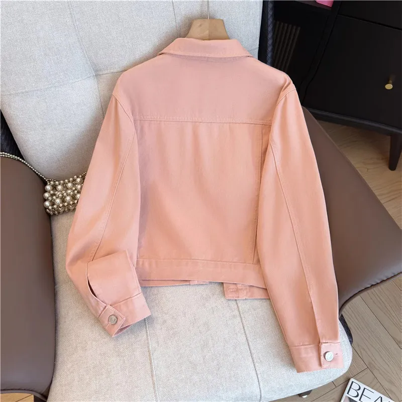 Korean Pink Apricot Light Green Jeans Jacket Autumn Women Slim Short Cowboy Coat Lapel Long Sleeve Denim Jacket Chaqueta Mujer