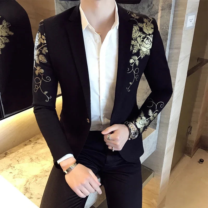 2022 New Men\'s Fashion Gold Print Groom Wedding Dress Suits Jackets Male Casual Blazer / Mens High-end Brand Blazer ( 1 Piece )