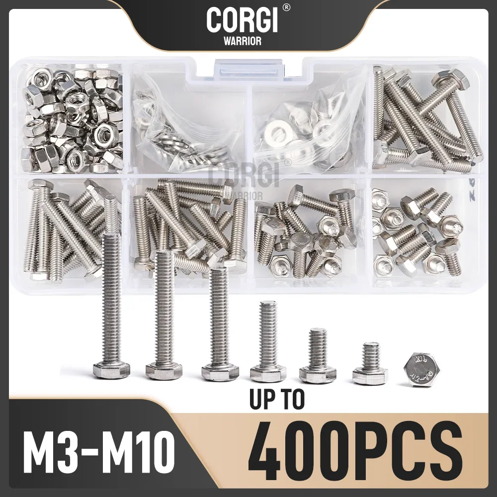 M3 M4 M5 M6 M8 M10 Up to 400 Metric Heavy Duty Hex Head Nuts Bolts Washers Assortment Kit Stainless Steel 304 Machine Screws