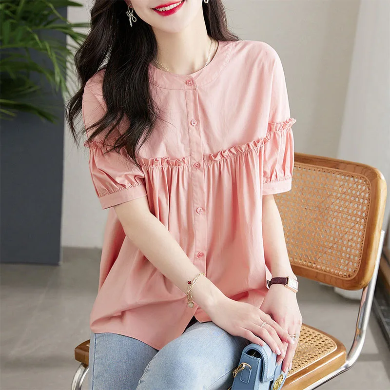 Summer Fashion Folds Ruffles Patchwork Loose Shirts Female Casual All-match Single-breasted Solid Color Short Sleeve Blouses