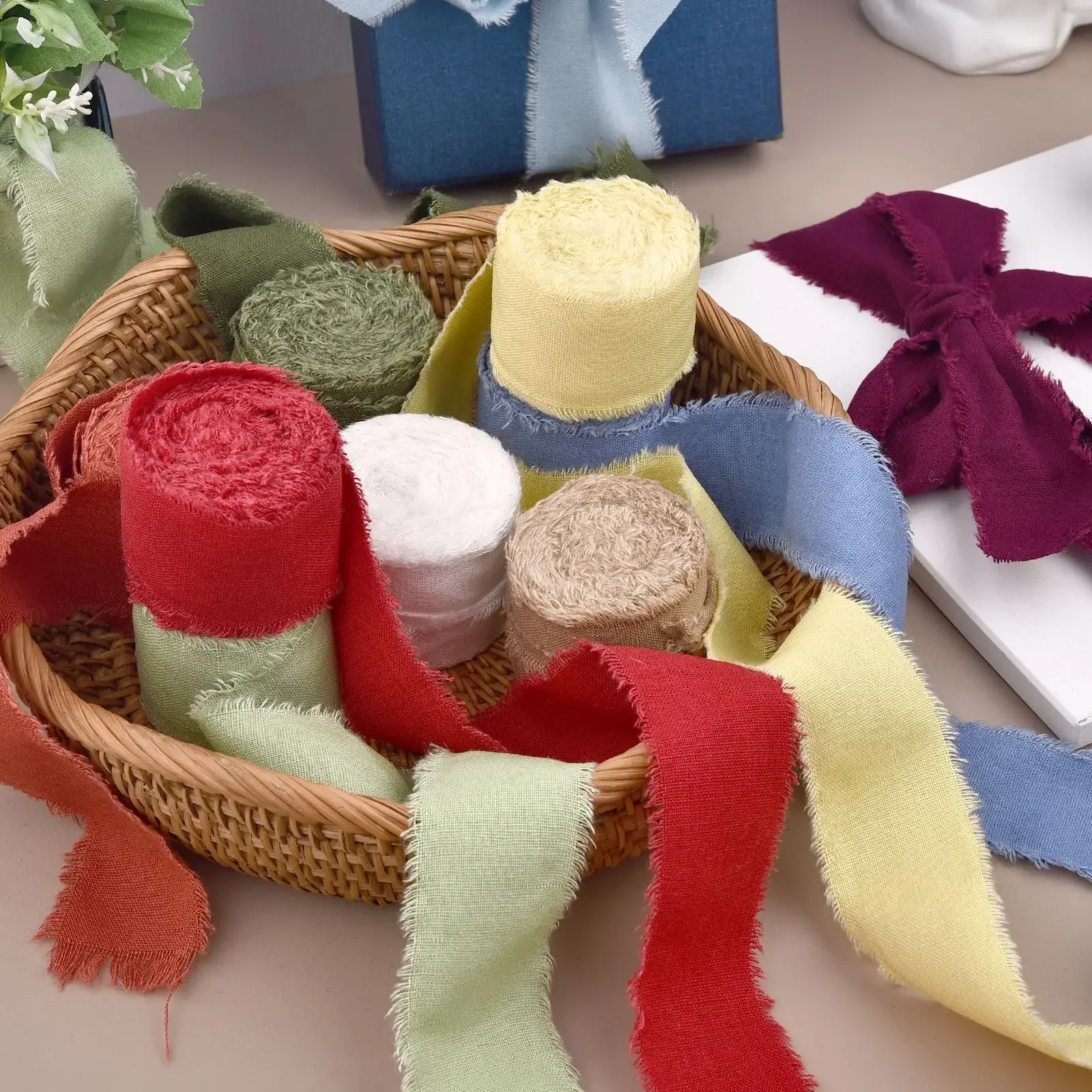 4CMx5M Hand-Torn Frayed Edge Cotton Linen Ribbon For Wedding Invitation Bouquets Wrapping Xmas Valentine'S Day Gifts Decorations