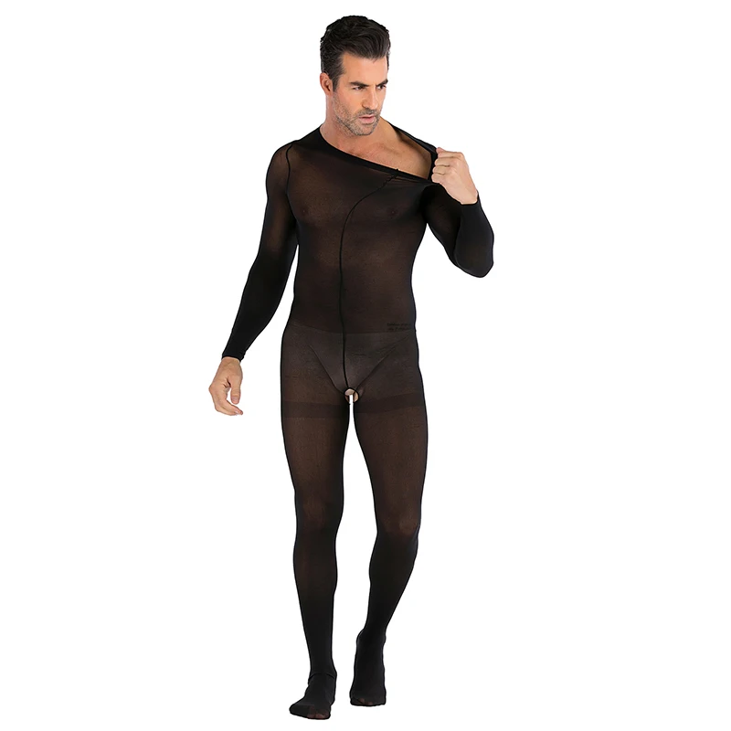 Men's Jumpsuit Solid Color Round Neck Long Sleeve Nightclub Sexy Pajamas Breathabe Underwear Super Elasticity Thin Lingerie