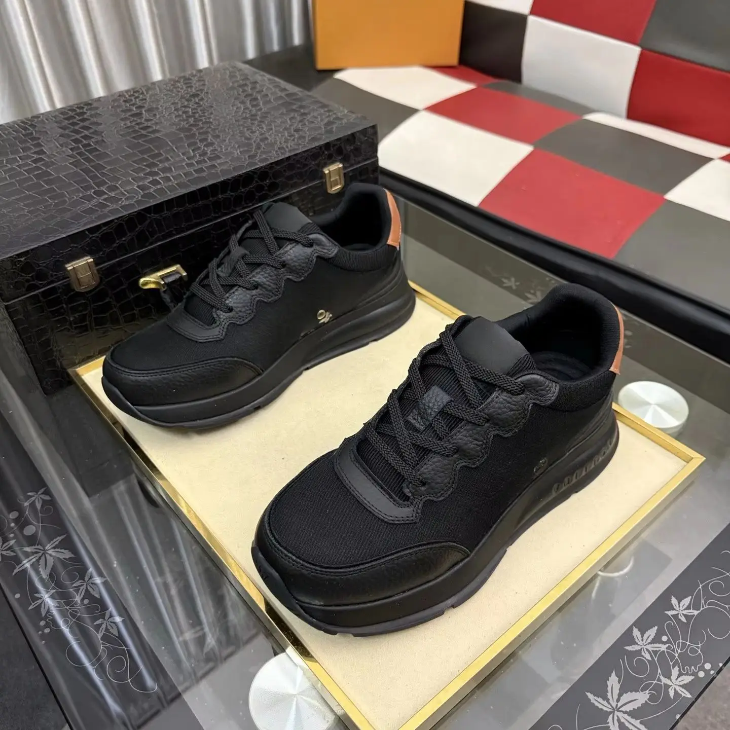 Unisex Black Fabric Leather Sneakers Lace Up Thick Sole Casual Fashion Trainers for Men Women