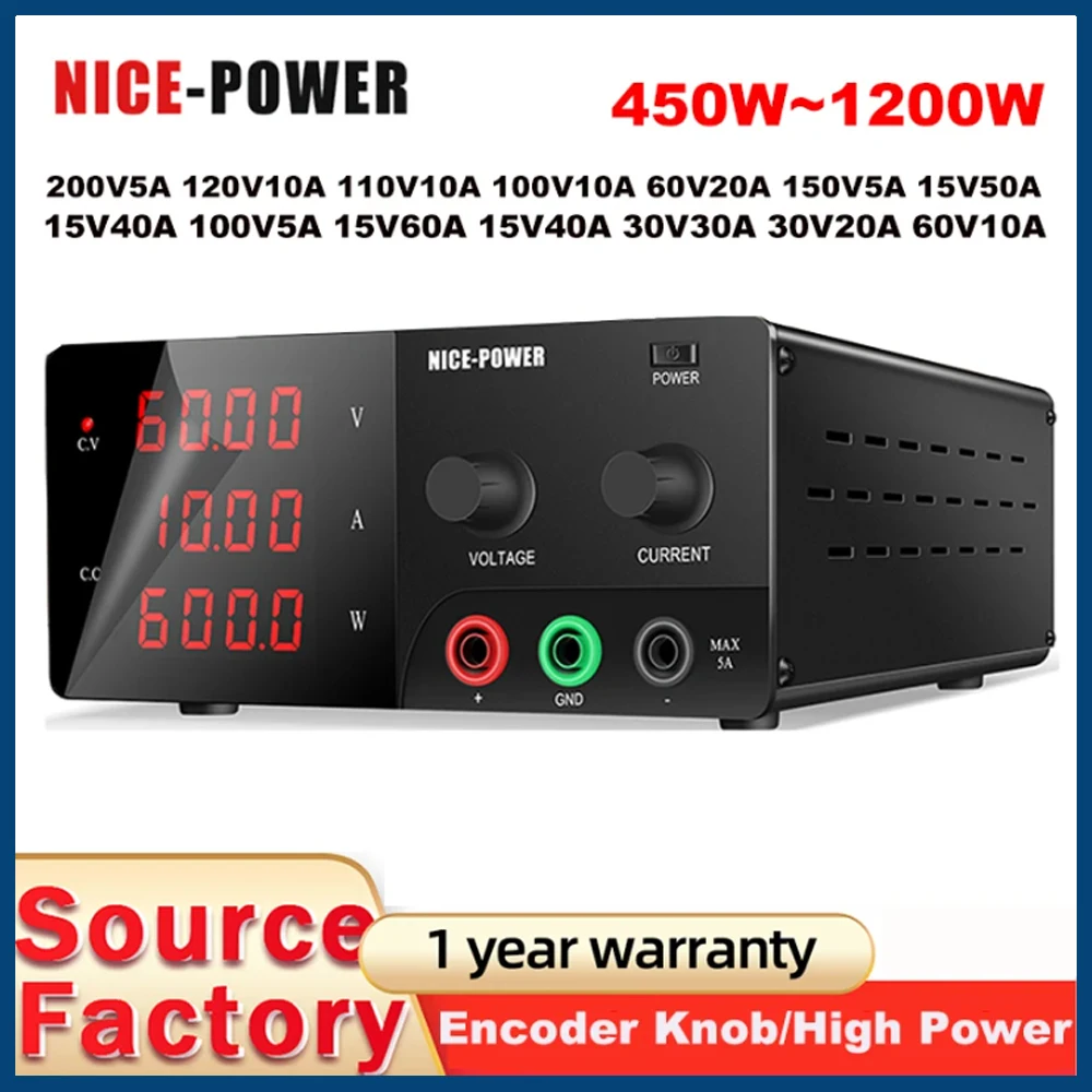 450W-1200W High Power Adjustable DC Power Supply 200V 120V 100V 30V 60V 50V 10A Encoder Knob Precise Adjustment Digital Voltage