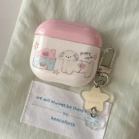 AirPods 1/2 용 한국어 귀여운 강아지 강아지 헤드셋 케이스 (Air Pods Pro2 용 키 체인 포함) 4 차 충전 박스 Fundas for AirPods 3 4 커버