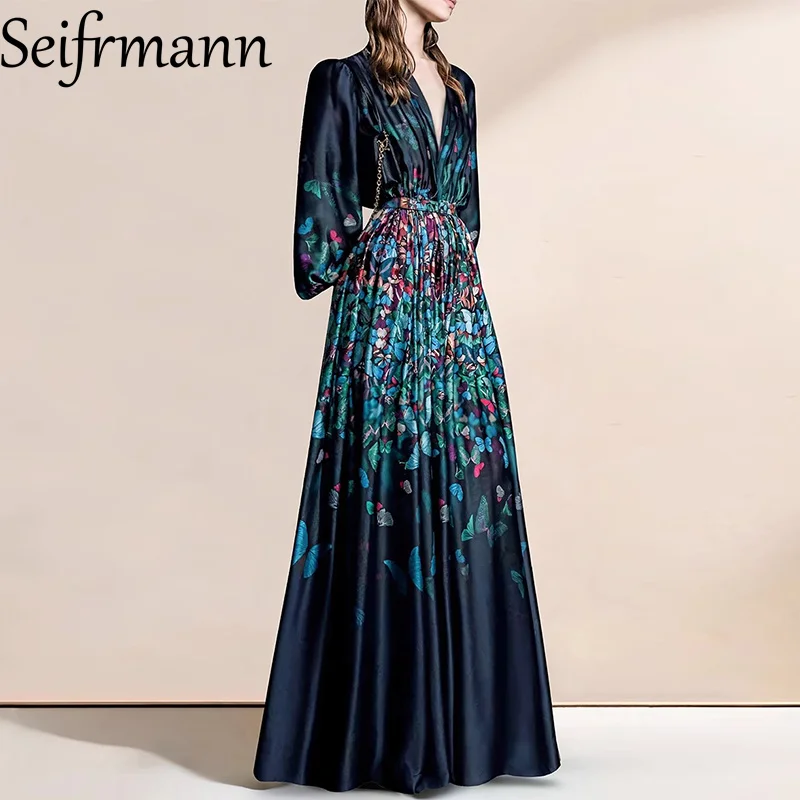 

Seifrmann Floral-Print Lantern Sleeved Party Dress For Women V-Neck High waist Slim Fashion Big Swing Pleated Dresses