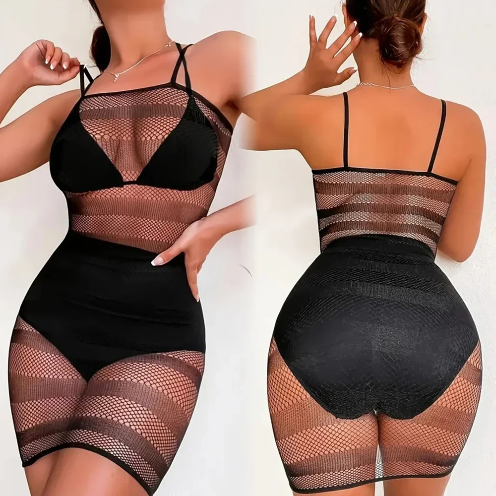 Hot Selling New Women\'s Fishnet Bodycon Dress Night Club Wear Erotic Fishnet Hollow Tights Lingerie Costume Sexy Mesh Jumpsuit