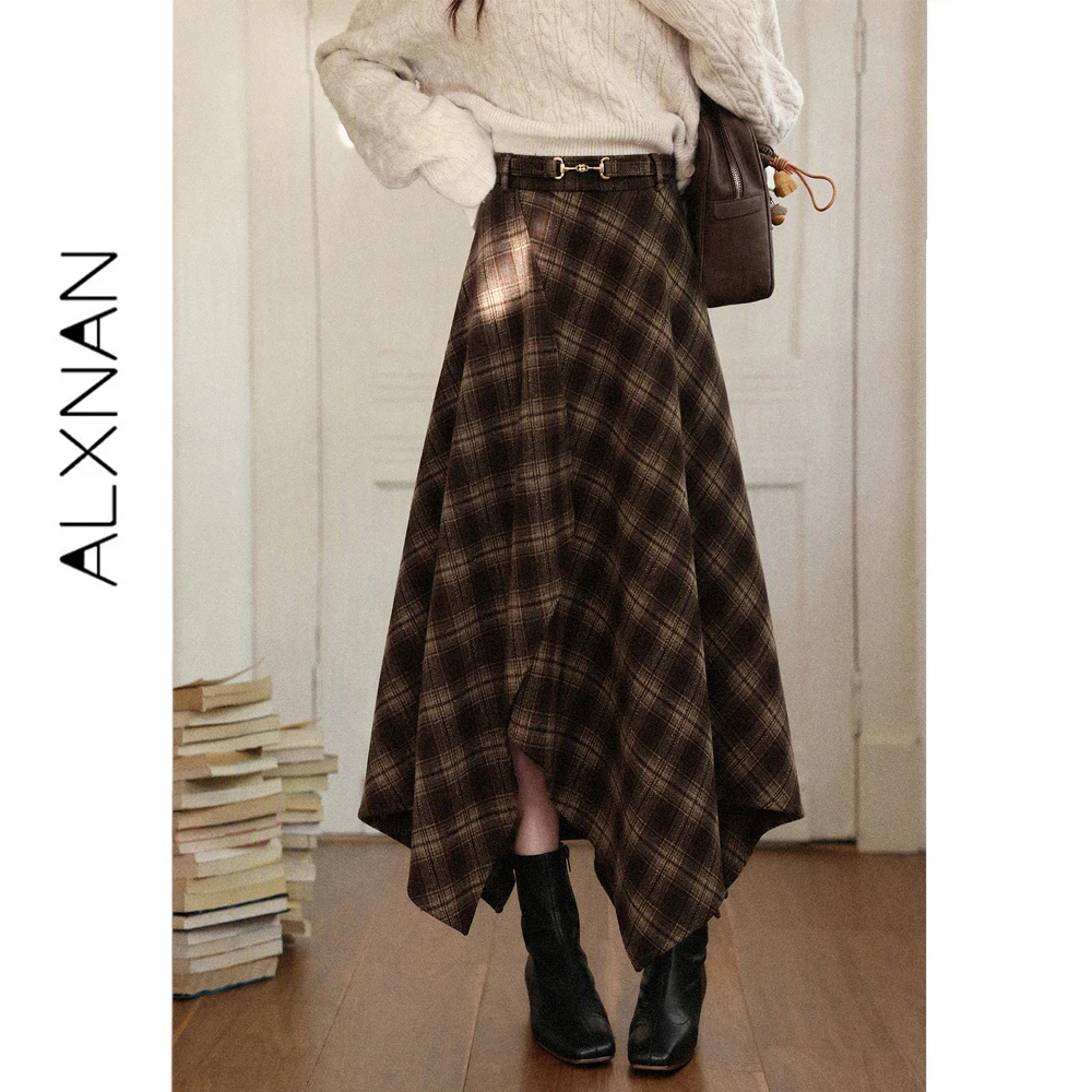 ALXNAN Maillard Brown Plaid Skirt Women Autumn Irregular A-line Check Skirt 2026 Vintage Elegant High Waist Clothing L678103A