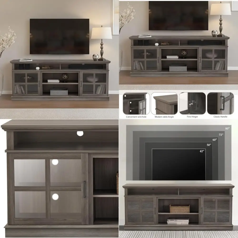 Mid Century Modern Farmhouse Style Entertainment Center, TV Stand with Glass Storage Cabinets for TVs up to 80