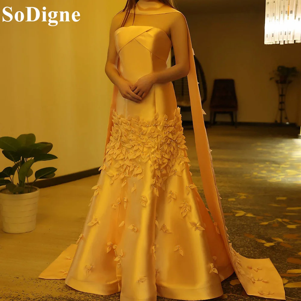 SoDigne Elegant Gold Strapless Evening Dresses A-Line 3D Leaves 2024 Women Luxury Arabic Party Prom Gown for Formal Occasion