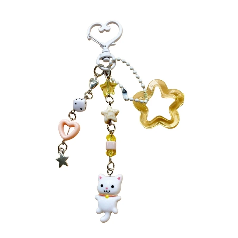 ZB91 Stylish Cartoon Feline Key Holder Colorful Beaded Keychain Lightweight Alloy Keyring Accessory with Porcelain Beads