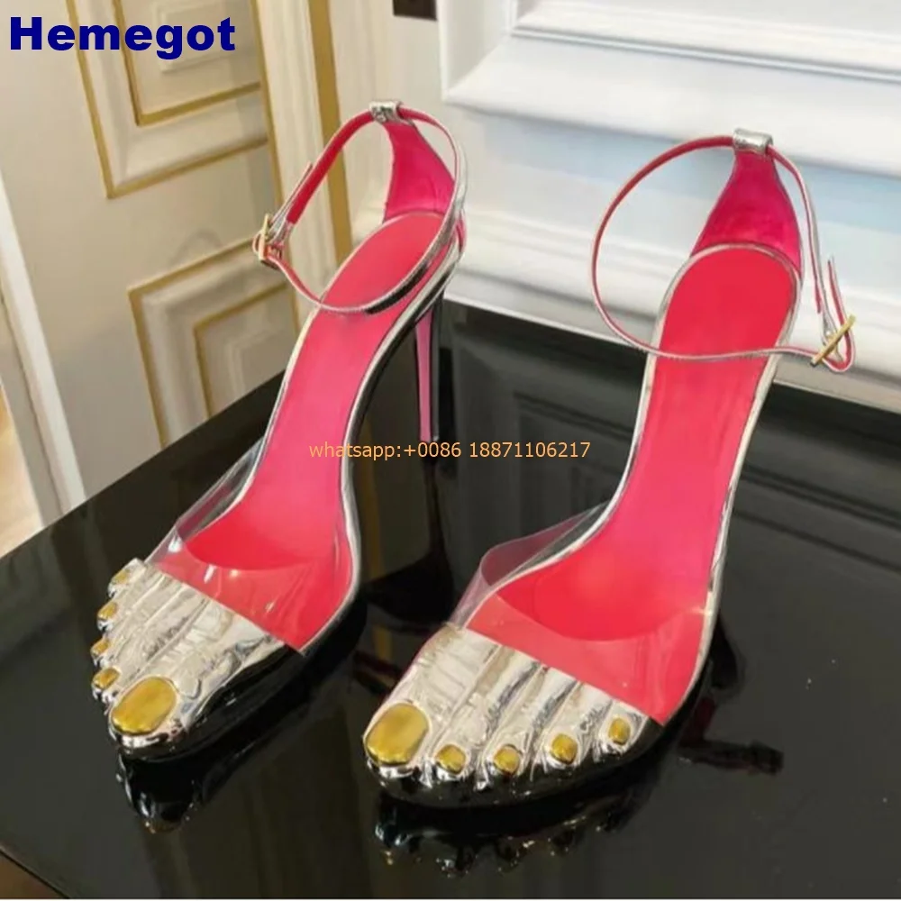 

Gold Five Finger Sexy Roman Sandals Street Fashion Women Closed Toe Slip On Slippers Summer New Catwalk Street High Heel Sandals