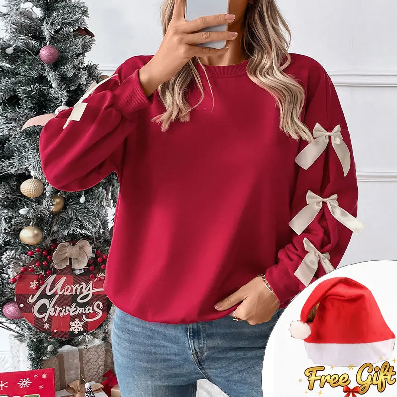 سويت شيرت نسائي أحمر لعيد الميلاد - تصميم بياقة دائرية مع لمسة فيونكة لأزياء النمط الاحتفالي للتأثيري واللباس