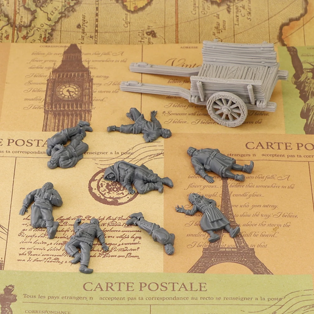 Cart & Casualty Villager Miniature Set, Unpainted Resin Dead NPC Figures Tabletop RPG Wargame Scenery