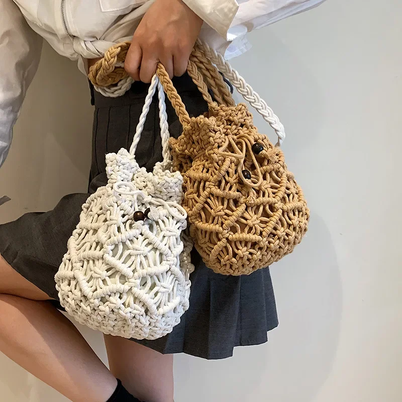 Women Hand-Woven Crossbody Shoulder Bag Underarm Clutch Knitted Bucket Beach Bags Ladies Summer Travel Small Handbag Purse Bolsa