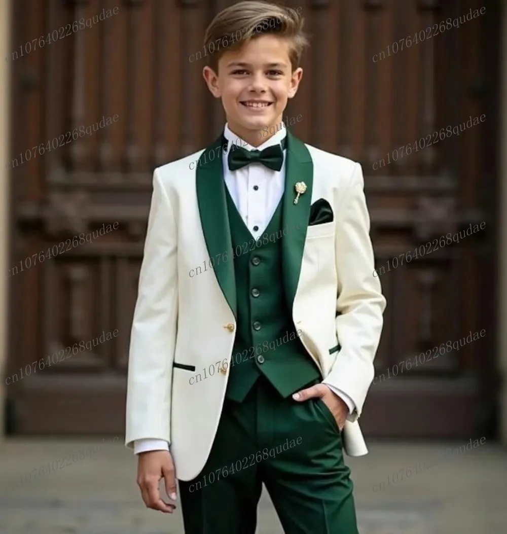 

Белый и темно-зеленый костюм для мальчика по индивидуальному заказу, формальный детский смокинг, детская одежда для малышей, наряд для мальчиков, куртка из трех предметов, жилет, брюки