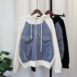 2024 Women Elegant Hooded Denim Sweater Cardigan Kintted Pullovers Loose Spring Autumn Vintage Winter Streetwear Y2k Jumper