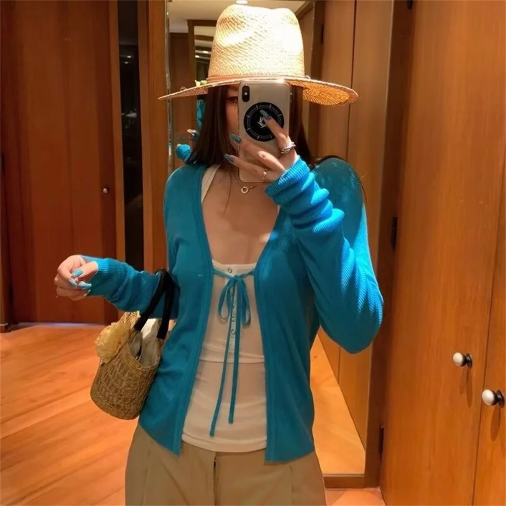 Women's Knitting Thin Long Sleeve Cardigan Spring Autumn Fashion Vintage Bandage Sweater Jacket Casual Top for Ladies view 5