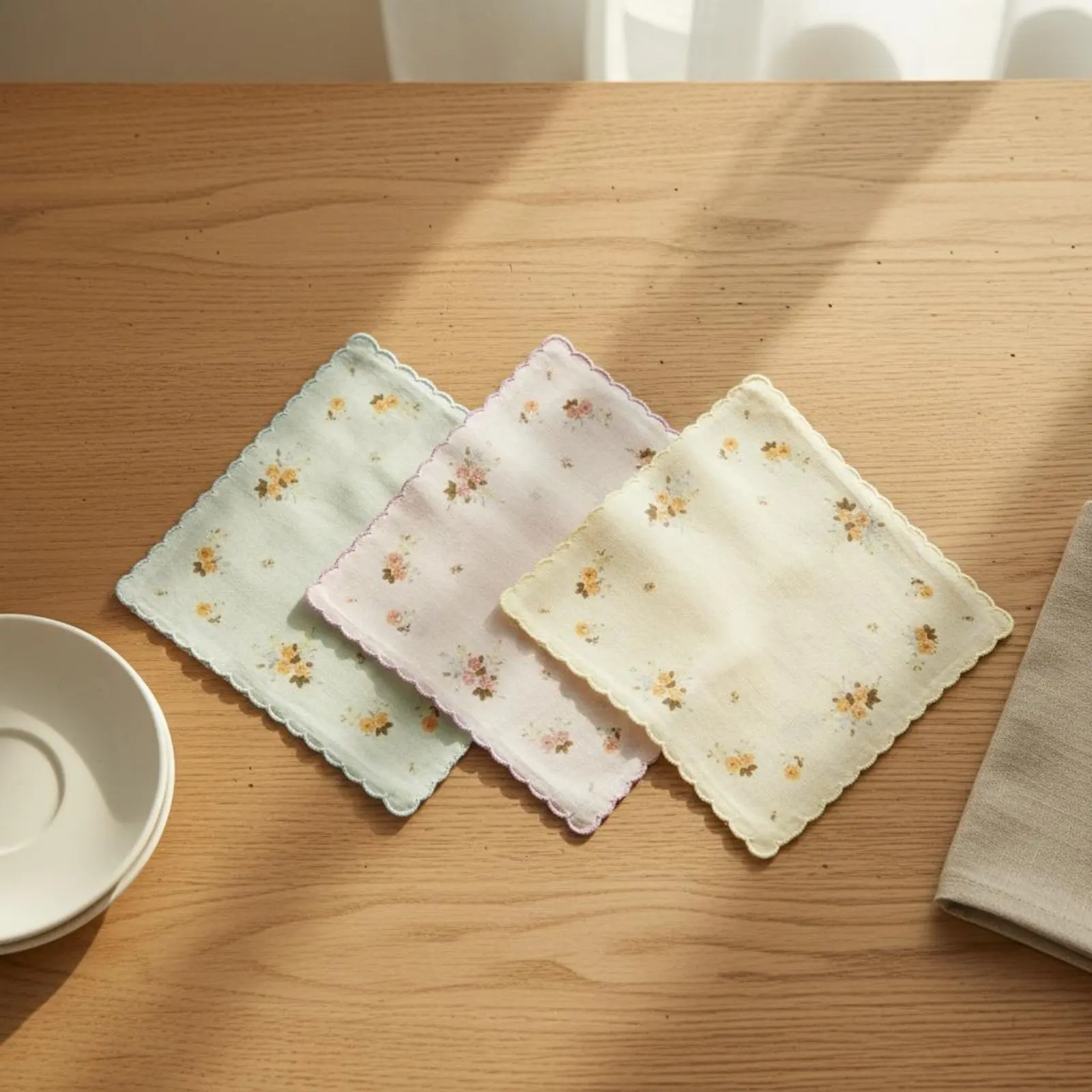 3 Pieces Women's Cotton Handkerchief Soft and Skin-Gentle Border Handkerchief Floral Print Hankie Lightweight
