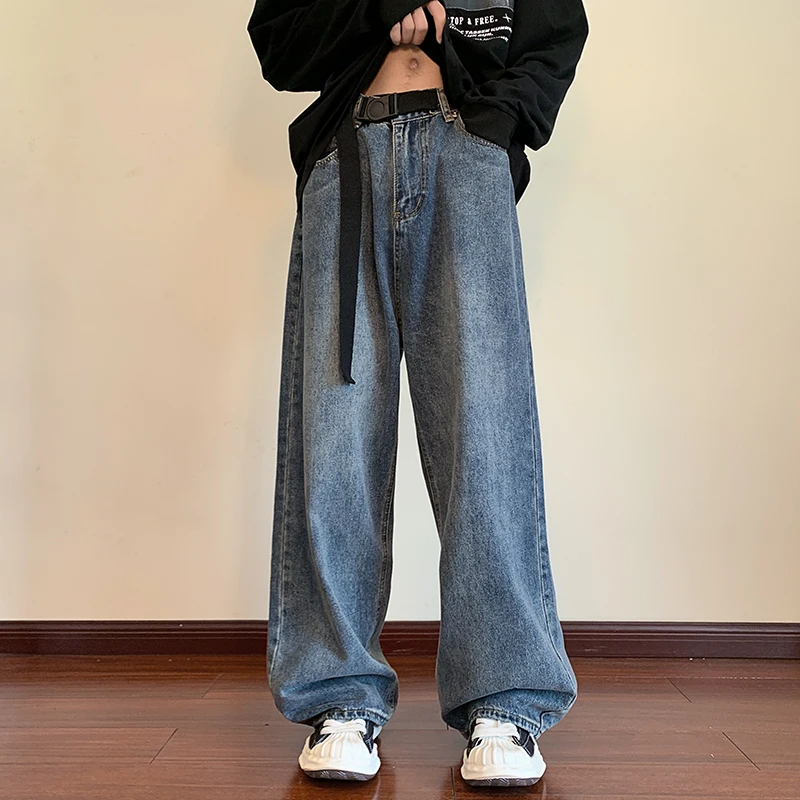 2023 Autumn New Blue Solid Simple Jeans With Belt Male Casual Mopping Denim Pants Men Oversized Zipper Wide Leg Jean Pants