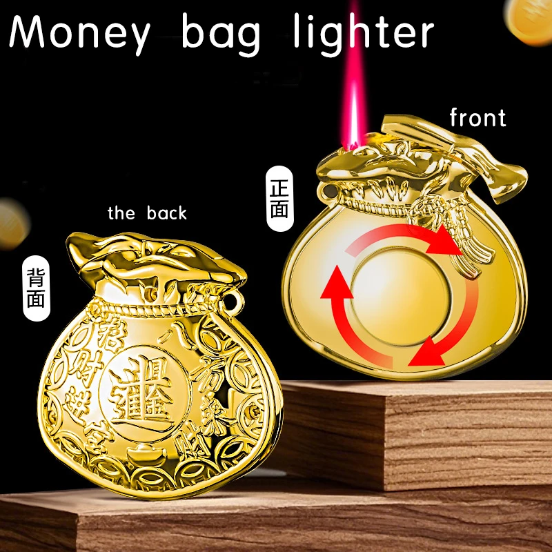 Windproof inflatable lighter, lucky bag gift cigarette lighter, new money bag turntable decompression, red flame creativity