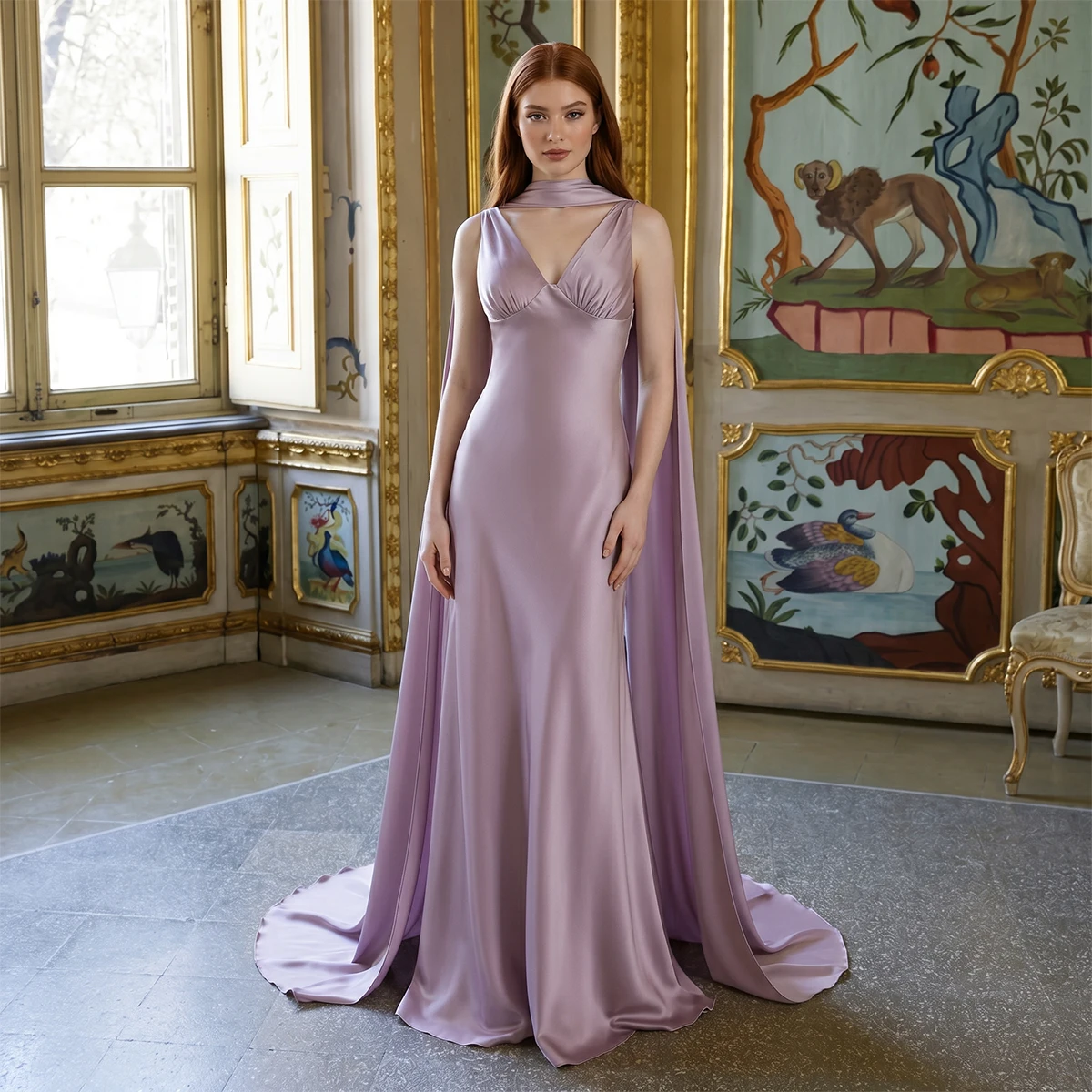 

Classic V Neck Satin Bridesmaid Dresses With Scraf Long Evening Gown Pleated Prom Dress For Women 2026
