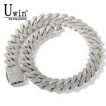 UWIN 20mm Miami 3 Rows Prong Cuban Chain Necklace Micro Pave Iced Out Round Cubic Zirconia Link Fashion Hip Hop Jewelry for Gift