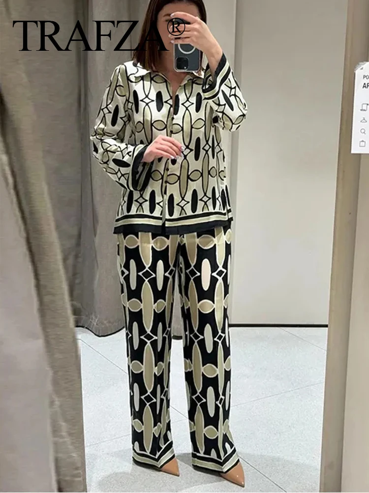 TRAFZA Women Geometric Print Shirt Pant Sets Single Breasted Long Sleeve Blouse Side Zipper Trousers Vintage High Street Outfit