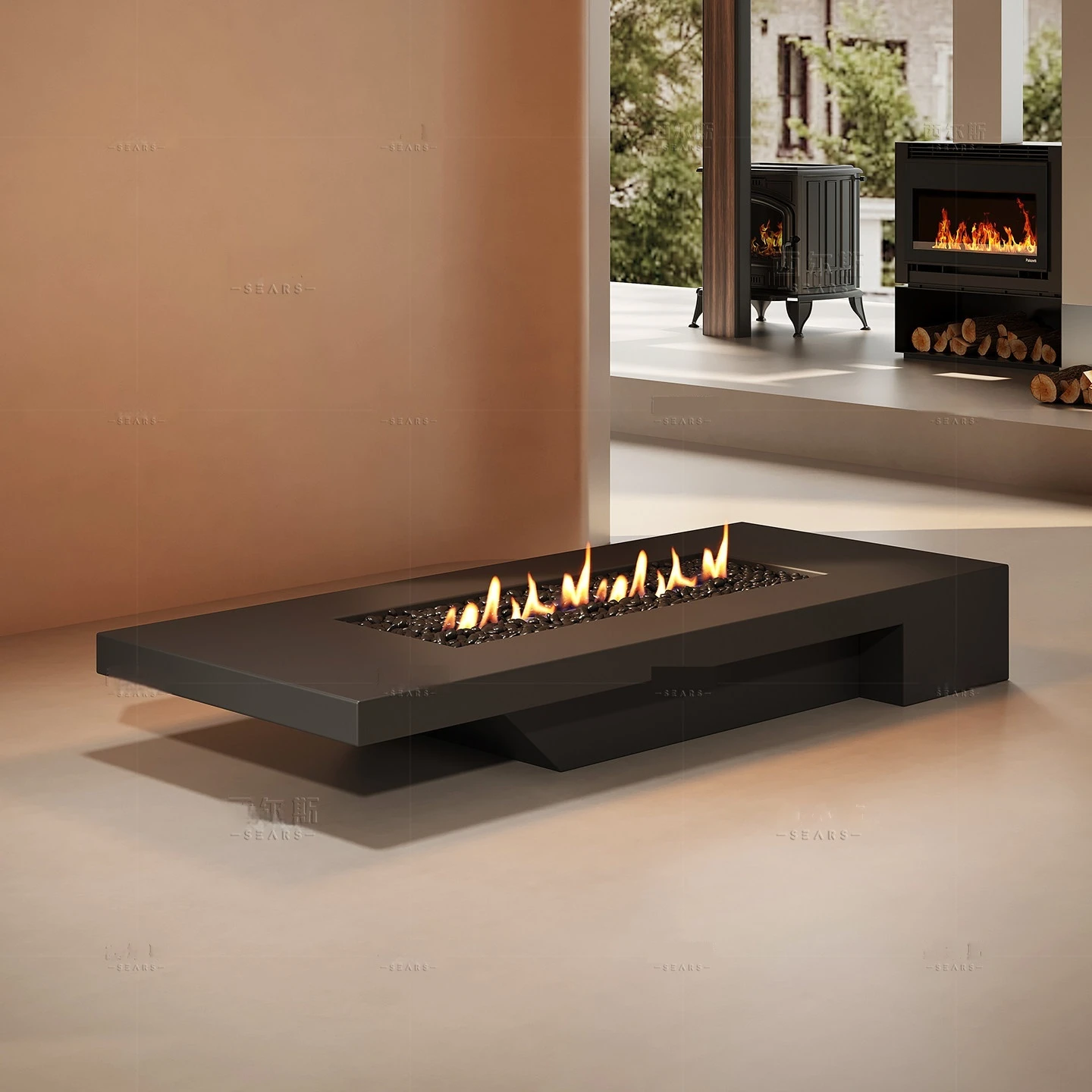 

High-end custom outdoor patio fireplace table, landscape-style real gas fireplace heating stove smokeless for home and hotel use