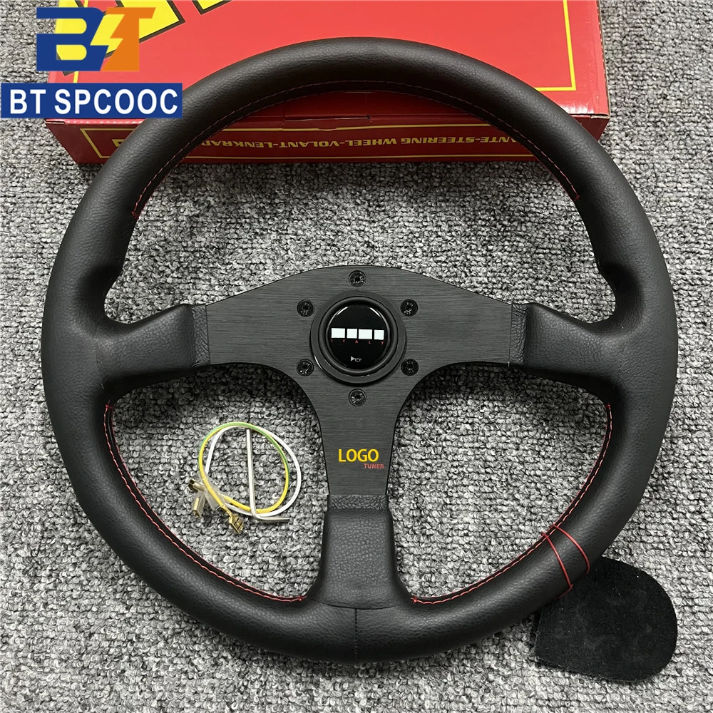 MO T14 Real Leather Steering Wheel 14inch 350mm Italy Style JDM Car Racing Steering Wheel Red Line For  Logo