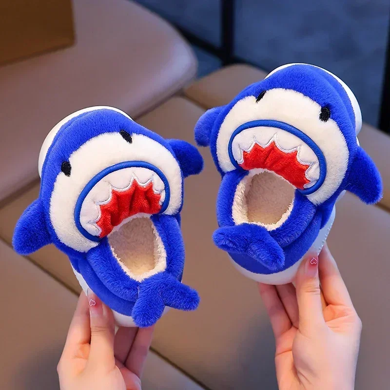 New Winter Children's Cute Cartoon Shark Non-slip Cover Heel Fluffy Slippers For Girls Boys Warm Home Kids Cotton-padded Shoes