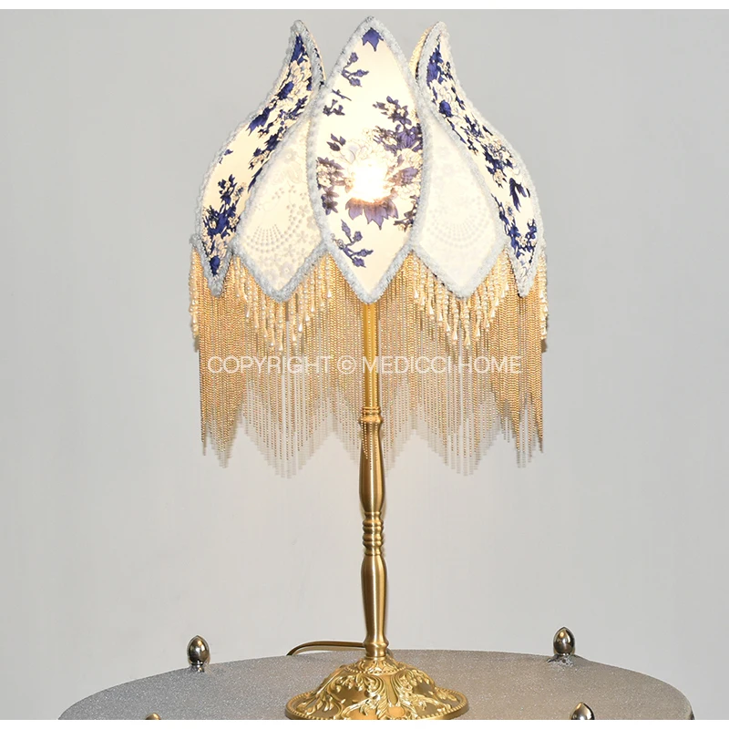 Medicci Home French Retro Blue And White Porcelain Floral Lampshade With Pearl Tassel Luxury Desk Lamp Shade Floor Pendant Light