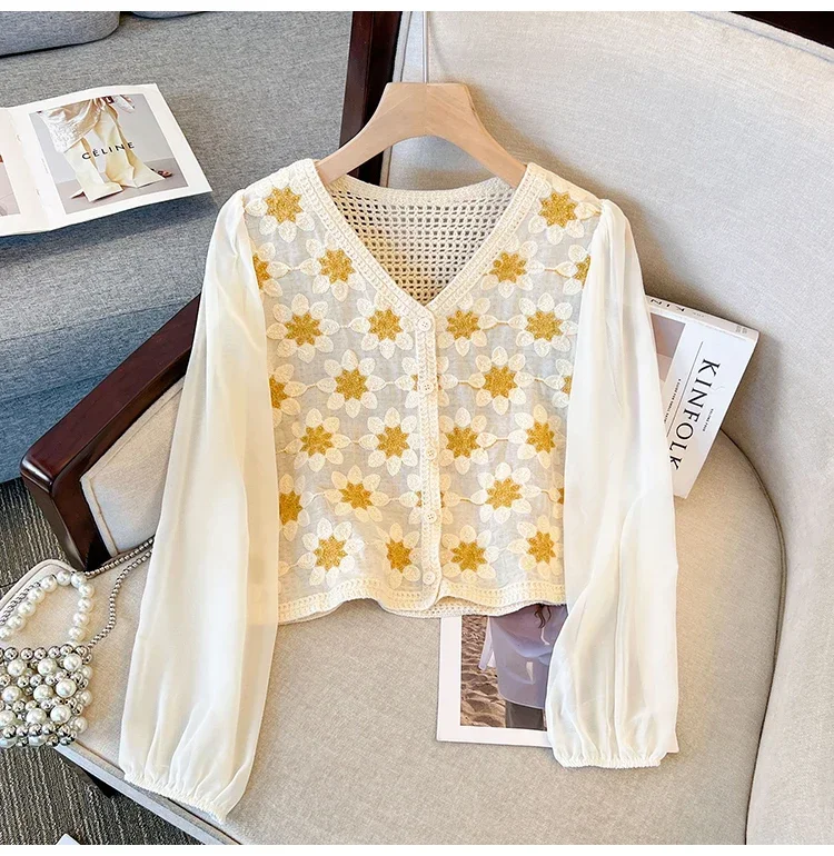 Women Crochet Top Boho Chiffon Sleeve Button Front Open-knit Blouse Fairycore Cottagecore Spring Summer Beach Wear