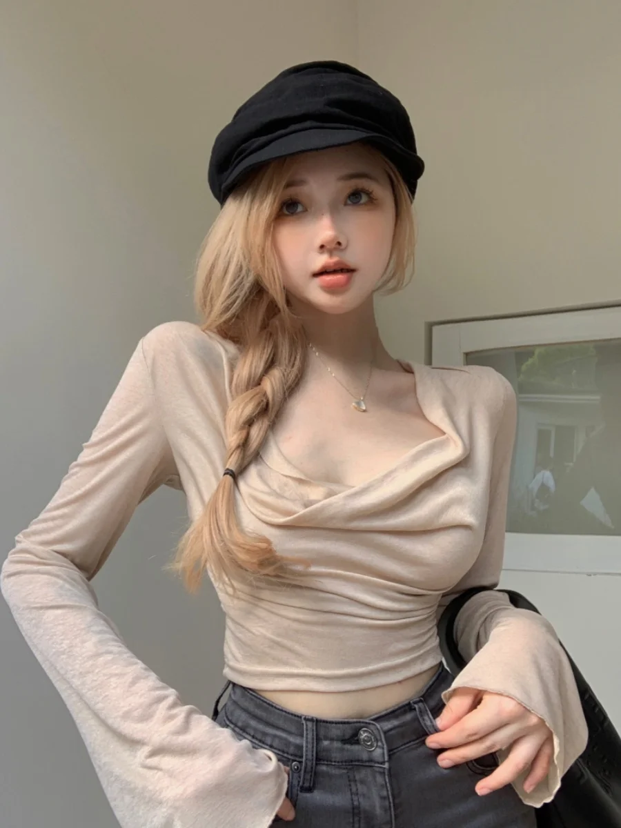 

Сексуальная облегающая футболка с длинным рукавом для женщин, летняя, белая, с защитой от солнца, с открытым животом, в стиле Pure Desire