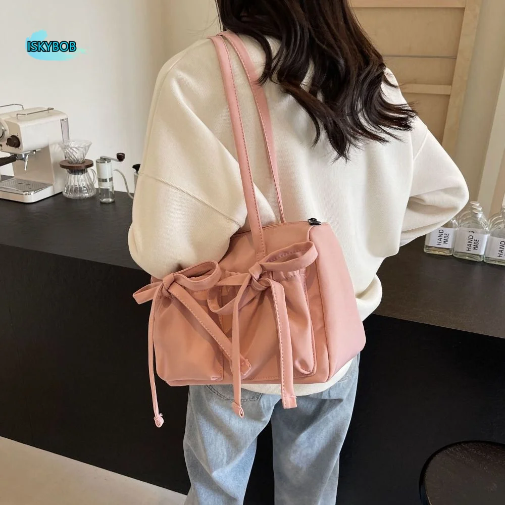 

Vintage Bowknot Bow Nylon Tote Bag Large Capacity Korean Style Underarm Bag Canvas Handbag Armpit Bag Girls
