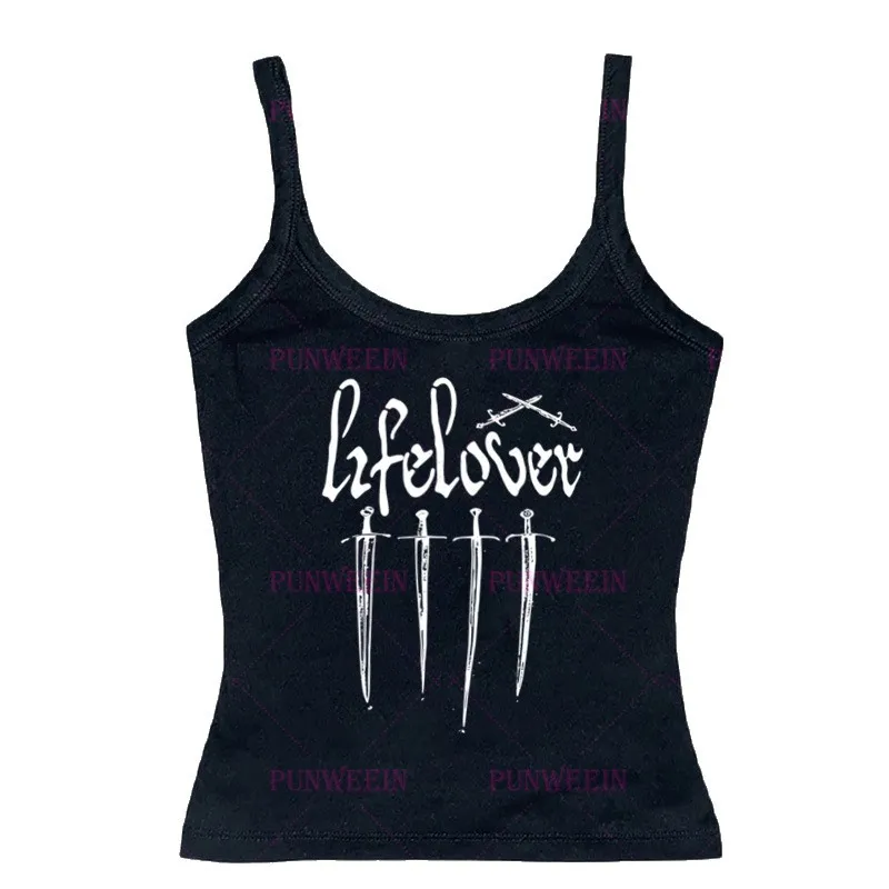 Women Gothic Lifelover Swords Print Spaghetti Strap Cami Tank Top Y2K Slim Fit Sleeveless Summer Casual Cropped Vest