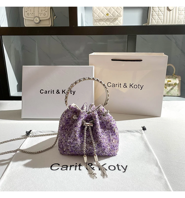 Luxury Designer Purple Stones Evening Clutch Bag Wedding Party Bucket Purse Women Metal Handle Handbag Shoulder Messenger Bag