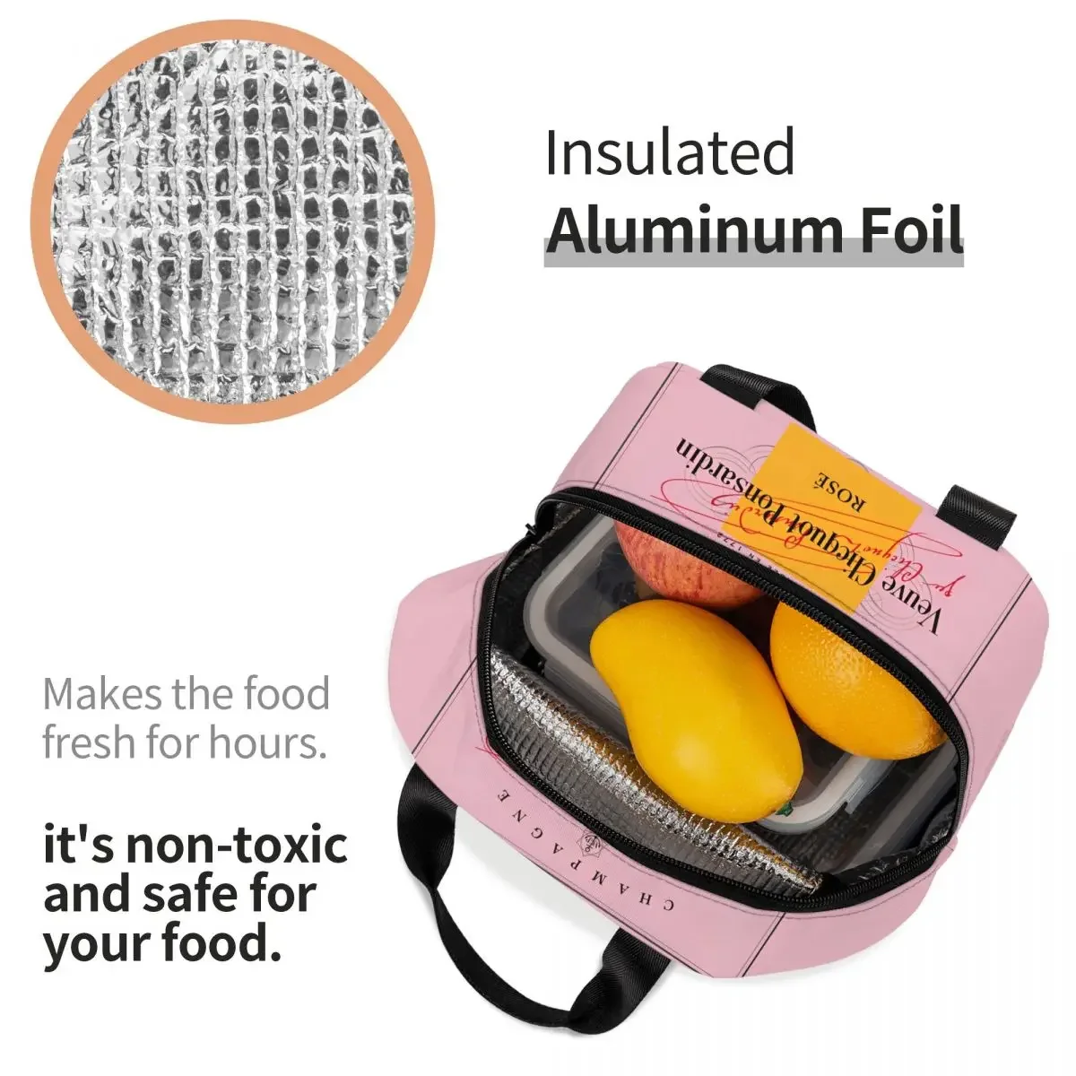 Sacchetti per il pranzo isolati rosa Champagne a tenuta stagna Veuves clicquot Lunch Container borsa termica Tote Lunch Box Office Food Storage Bag