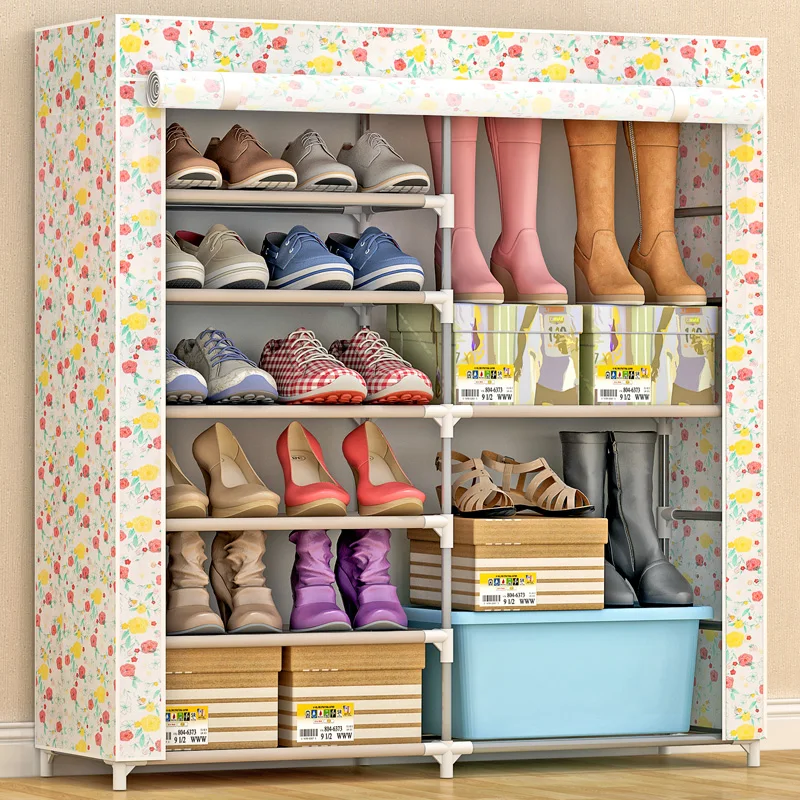 

90*30*110cm Double Row Small Dustproof Simple Shoe Rack Teel Pipe Non-woven Shoe Cabinet Boots Storage Organizer Home Furniture