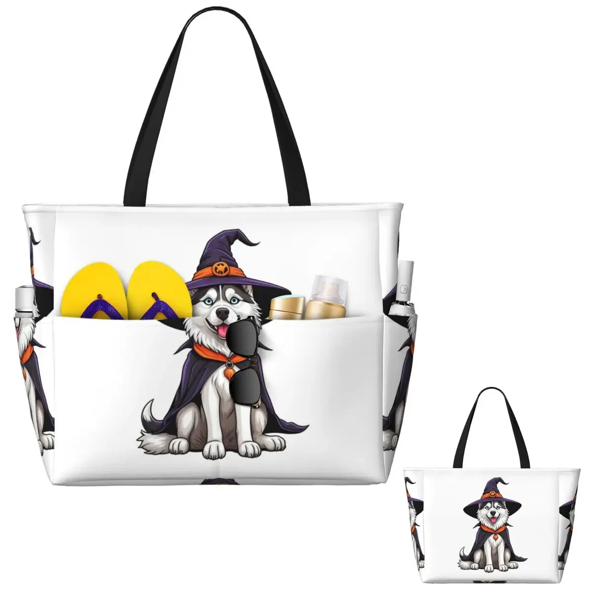 Siberian Husky Halloween Witch Decor Dog Lover Gift Beach Tote Bag Sport Gym Duffle Large Tote Bag Women Travel Bag Fitness bag