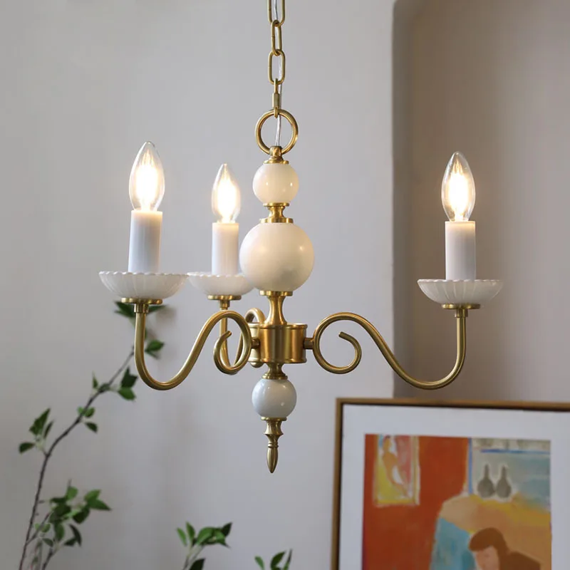 Medieval style 3 milky white glass chandelier French American retro bedroom restaurant cloakroom medieval brass lamps