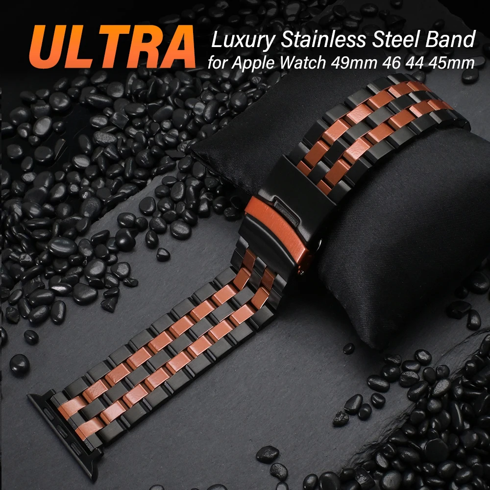 حزام فاخر من الفولاذ المقاوم للصدأ لساعة أبل 49 ملم 46 ملم 45 ملم 44 ملم حزام رجالي لساعة iWatch Ultra 2 Series 10 9 8 7 6 5 4 SE